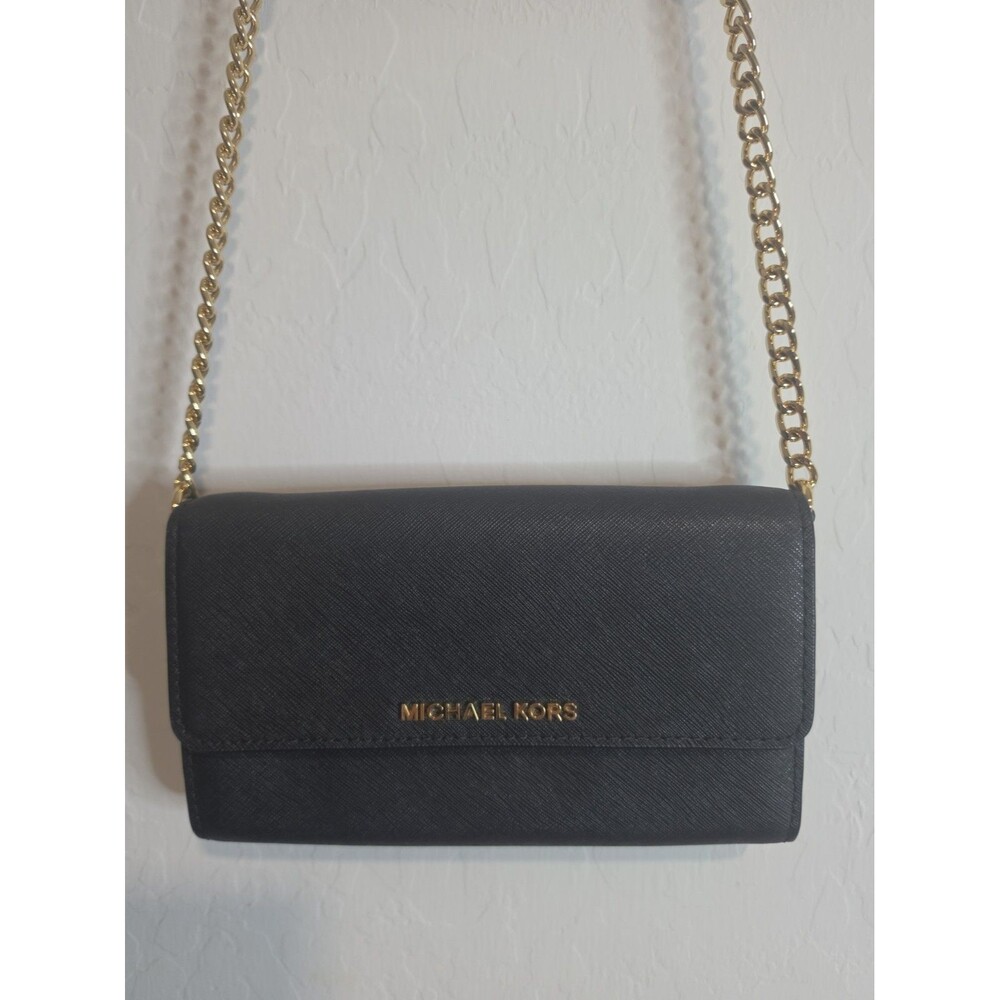 Michael Kors Jet Set 2-in-1 Wallet on Chain Crossbody Black Leather Gold